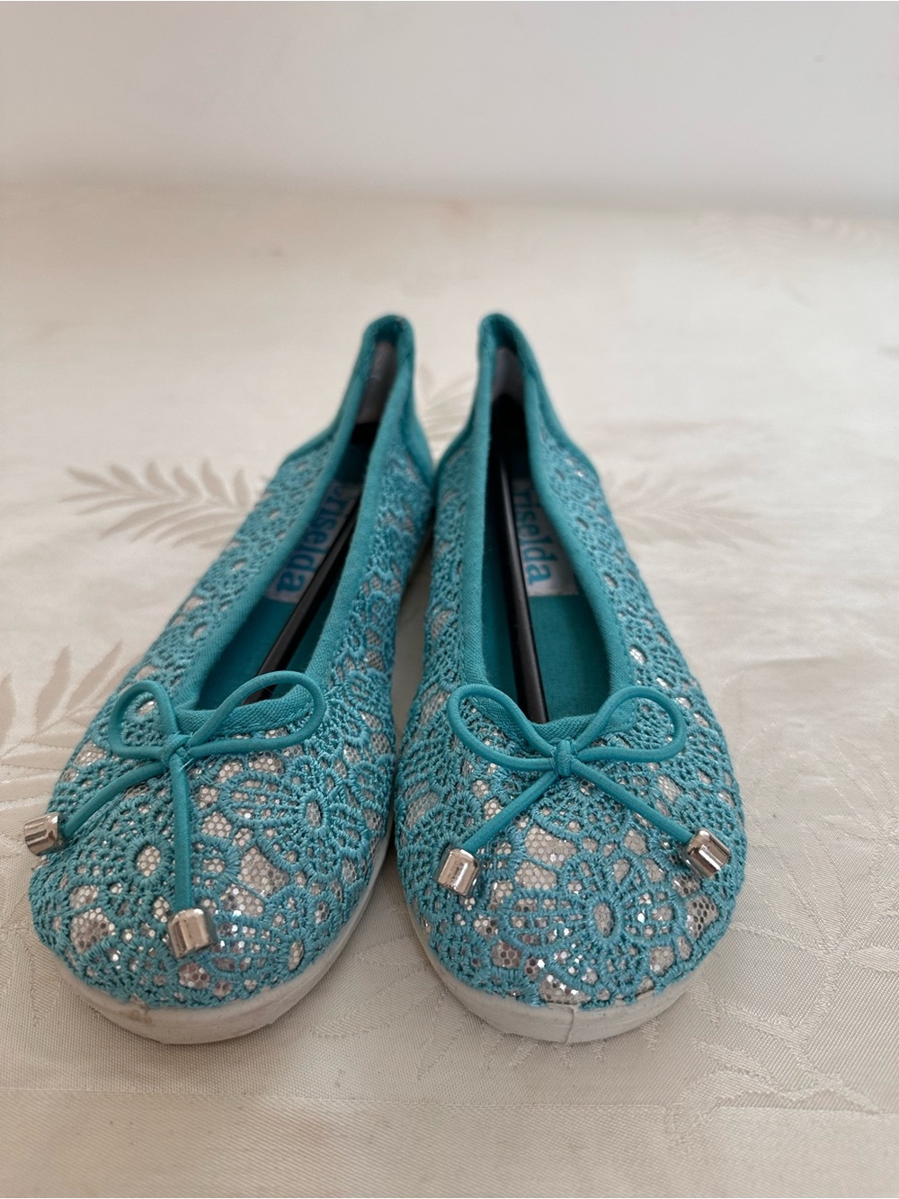 Kids Teal Lace Moccasins with Bow Accent